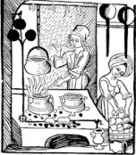 In this woodcutting, two women prepare a meal in a medieval kitchen.